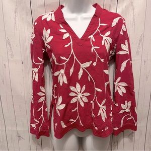 Talbots Top Women’s Size 4 Red & White Embroidered Floral Long Sleeve V-neck